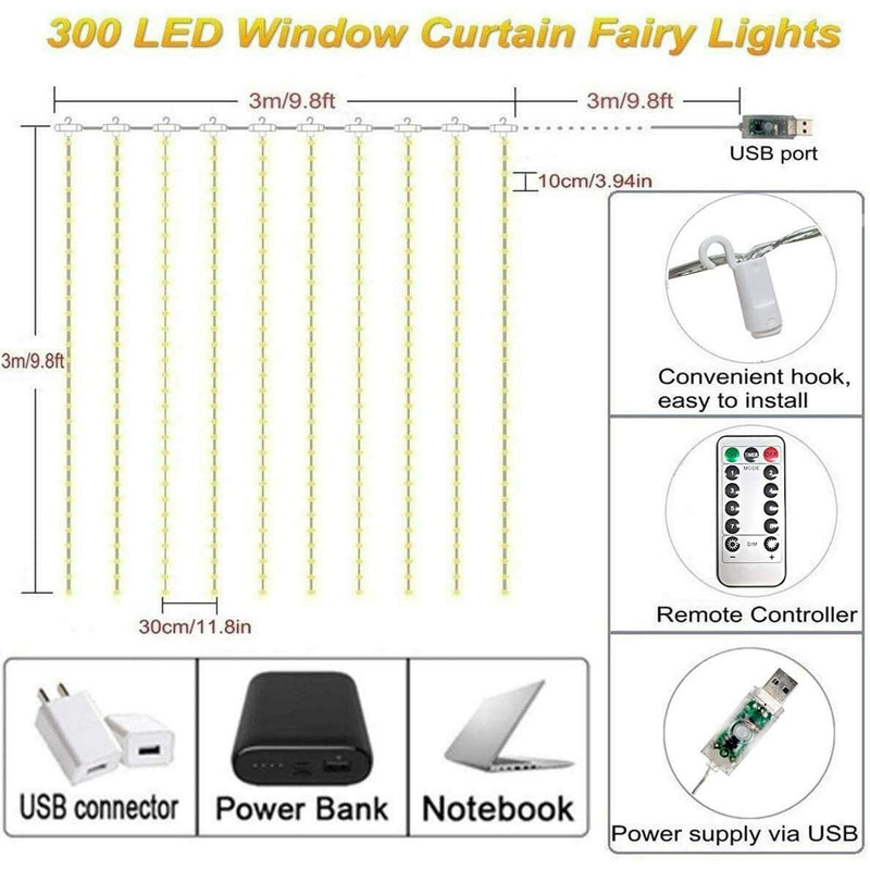 Window Curtain String Light, 300 Waterproof LED, Wall Decorations