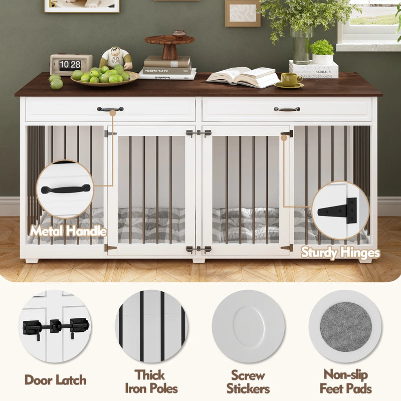 72.4" Large Double Dog Crate Furniture with Divider and 2 Drawers for 2 Medium or Large Dogs