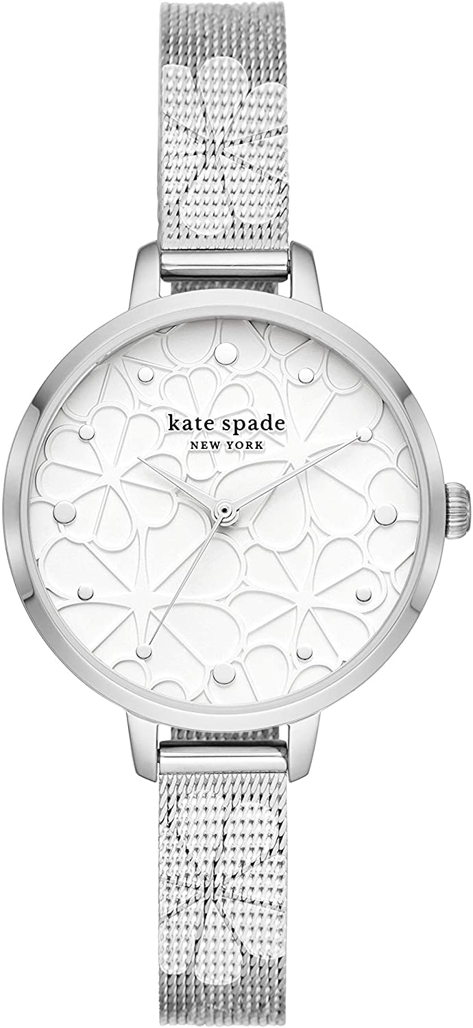 Kate Spade New York Womens Metro Slim Stainless Steel Quartz Watch Silver Floral Mesh