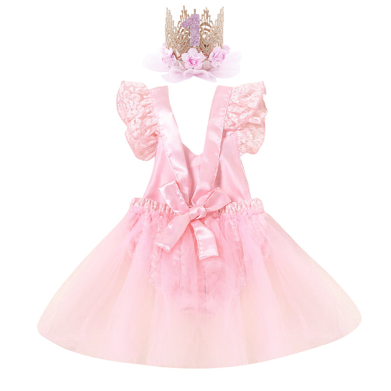 IBTOM CASTLE Baby Girl 1st Birthday Outfit Lace Tulle Romper Princess Tutu Dress Headband Shiny One Cake Smash Photo Shoot Clothes 12-18 Months Pink