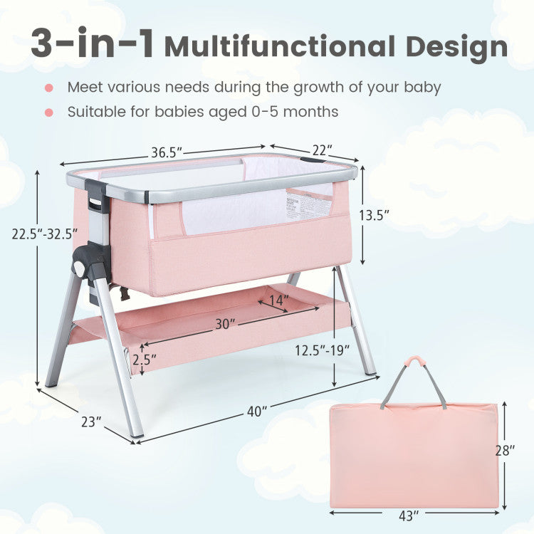 Baby Bedside Bassinet with Storage Basket and Wheels