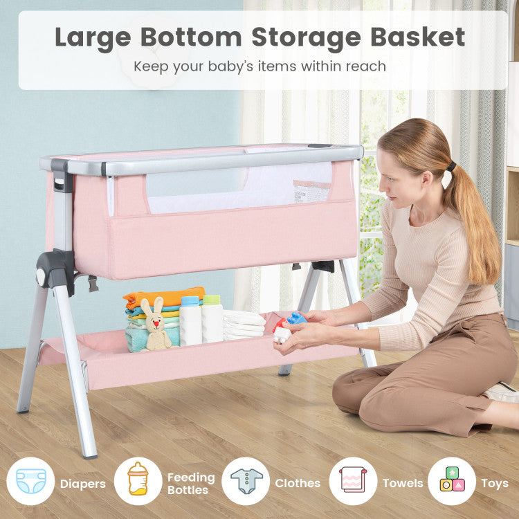 Baby Bedside Bassinet with Storage Basket and Wheels