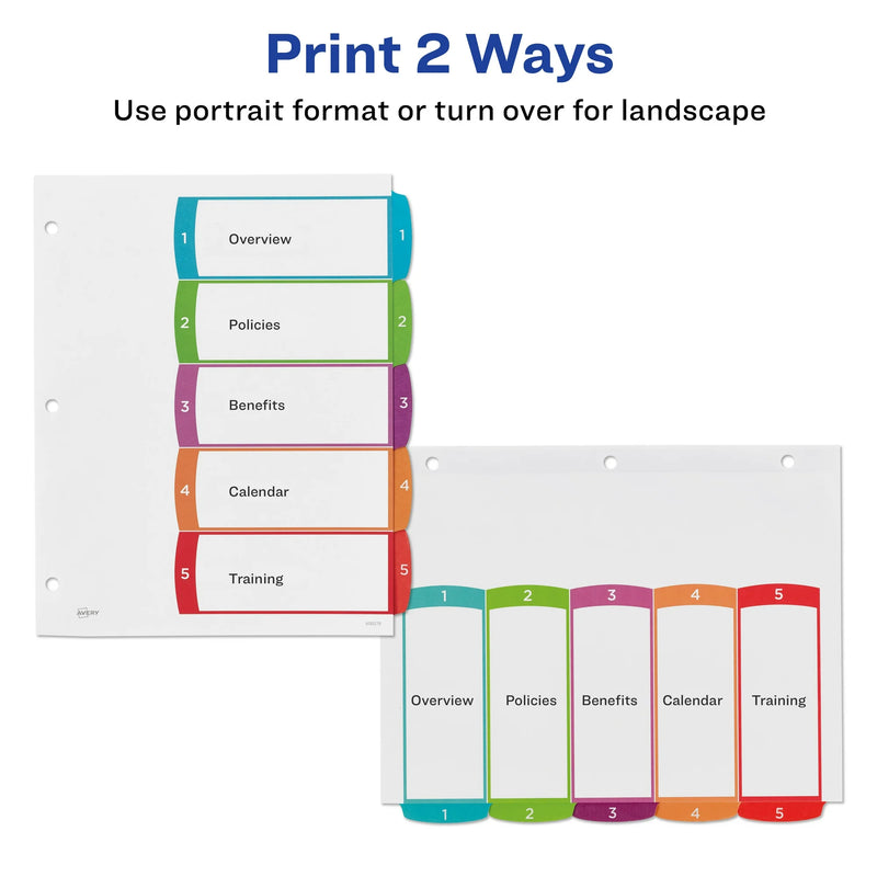 Avery 5 Tab Dividers for 3 Ring Binders, Customizable Table of Contents, Multicolor Tabs, 5 Packs, 5 Sets Total (11840)