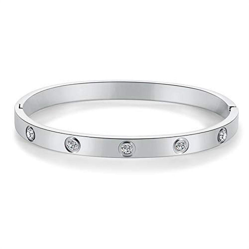 My Daily Styles Stainless Steel Womens Hinged CZ Bangle Bracelet Size 7 Inches (Silver)