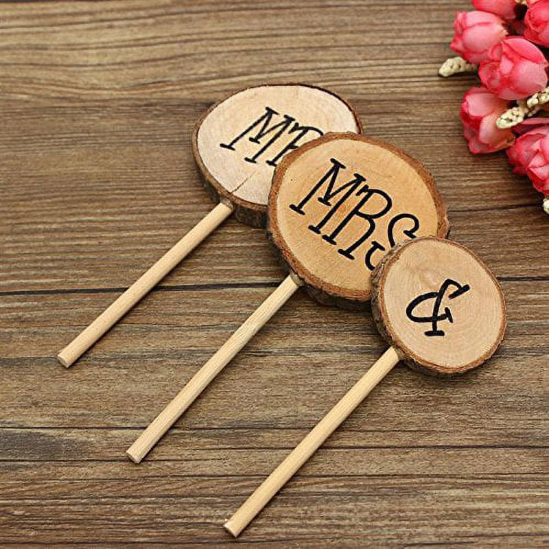 Wooden Round Mr Mrs Shabby Chic Rustic Wedding Cake Topper Pick Decoration-1 Set