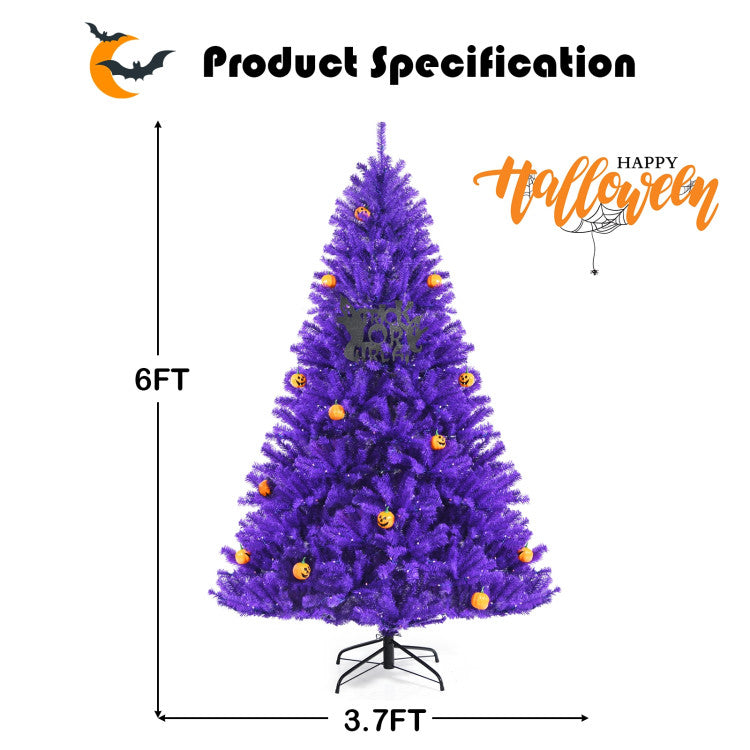 Artificial Prelit Purple Halloween Tree with Orange Lights and Pumpkin Ornaments