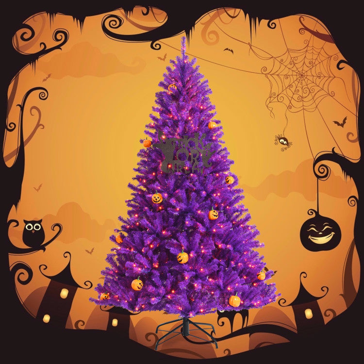 Artificial Prelit Purple Halloween Tree with Orange Lights and Pumpkin Ornaments