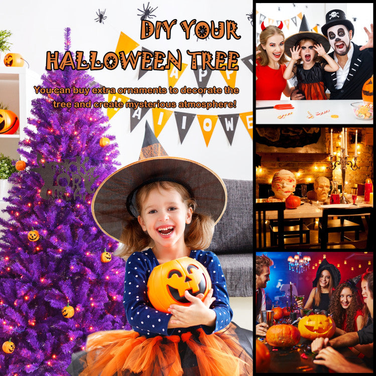 Artificial Prelit Purple Halloween Tree with Orange Lights and Pumpkin Ornaments