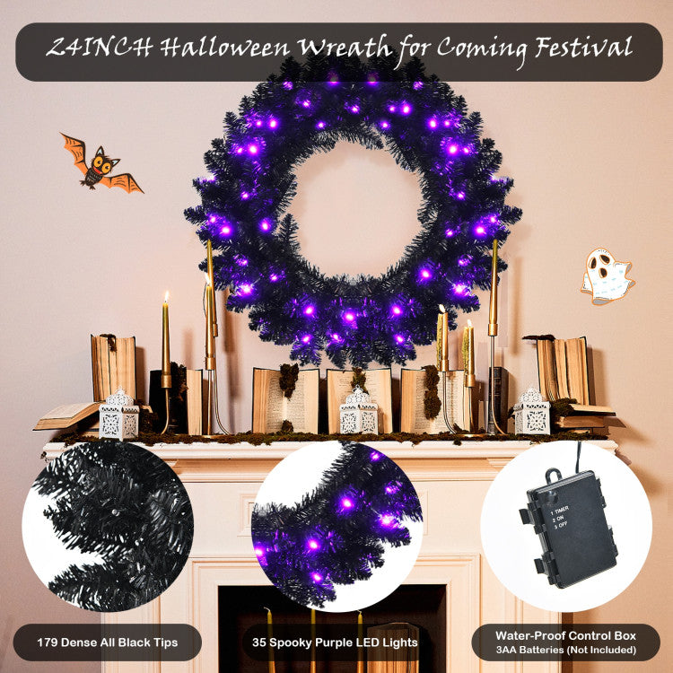 24 Inch Pre-lit Halloween Wreath with 35 Purple LED Lights