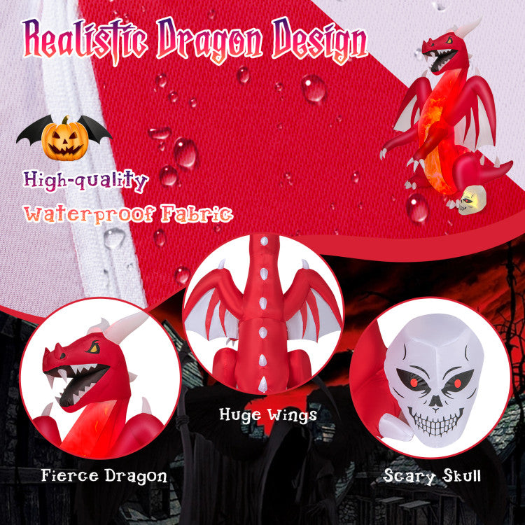 8 Feet Halloween Inflatables Blow-up Red Dragon with Wings Skull