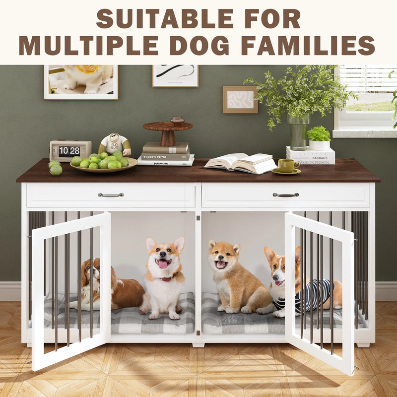 72.4" Large Double Dog Crate Furniture with Divider and 2 Drawers for 2 Medium or Large Dogs