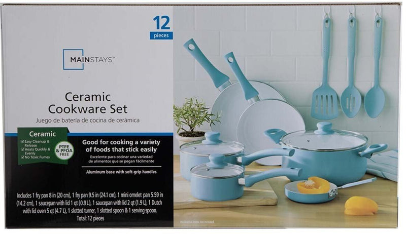 Mainstays 12pc Ceramic Cookware Set, Blue Linen