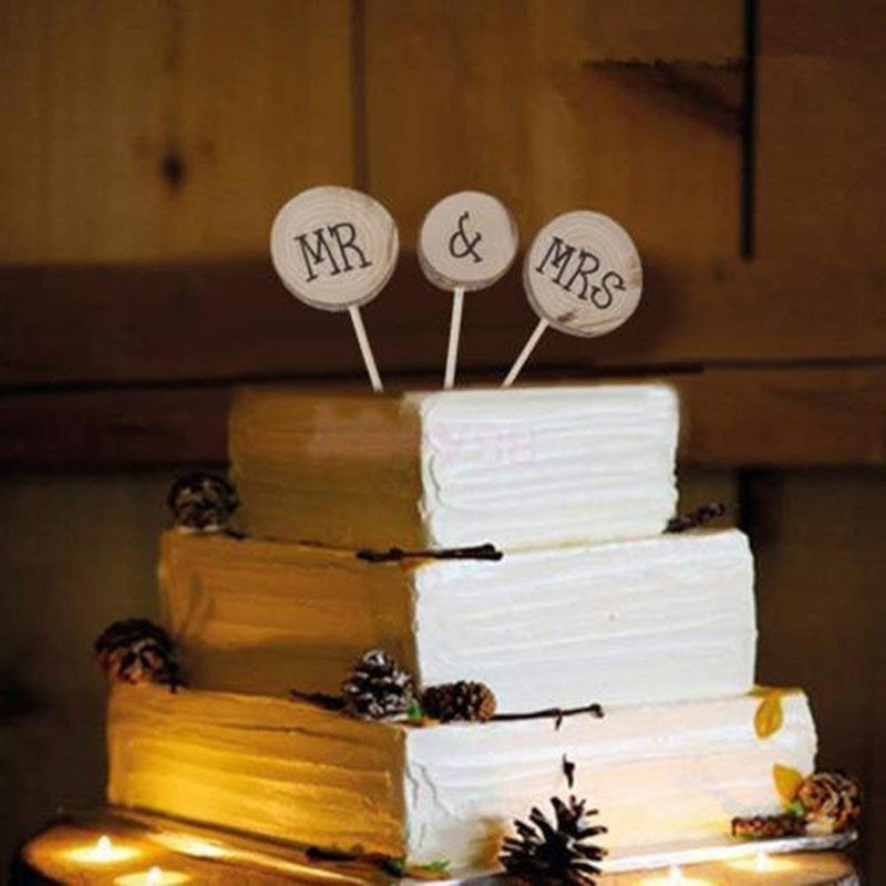Wooden Round Mr Mrs Shabby Chic Rustic Wedding Cake Topper Pick Decoration-1 Set