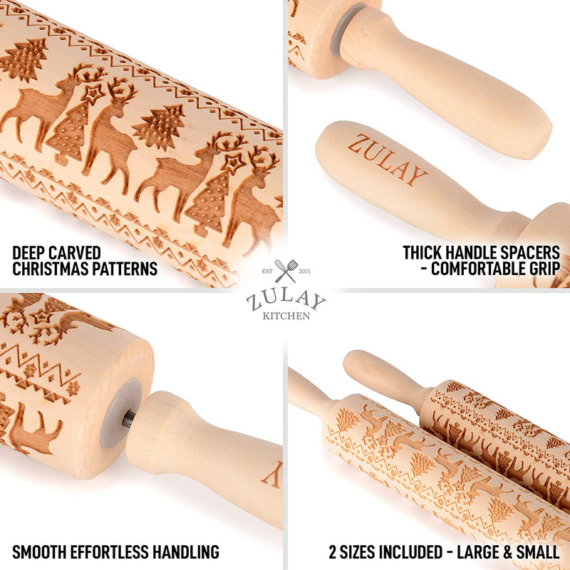 Zulay Kitchen Set of 2 Embossed Rolling Pin - Wood Carved Large & Small with Deep Engraved Patterns