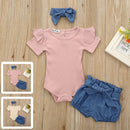 Aimik 3Pcs Baby Girls Infant Clothes Set Romper Jumpsuit Bowknot Denim Shorts Outfits