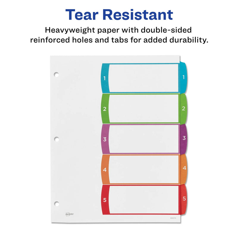 Avery 5 Tab Dividers for 3 Ring Binders, Customizable Table of Contents, Multicolor Tabs, 5 Packs, 5 Sets Total (11840)