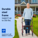 Medline Steel Rollator Walker, Folding Rolling Walker, 6" Wheels, 350lb Weight Capacity, Burgundy Red Frame