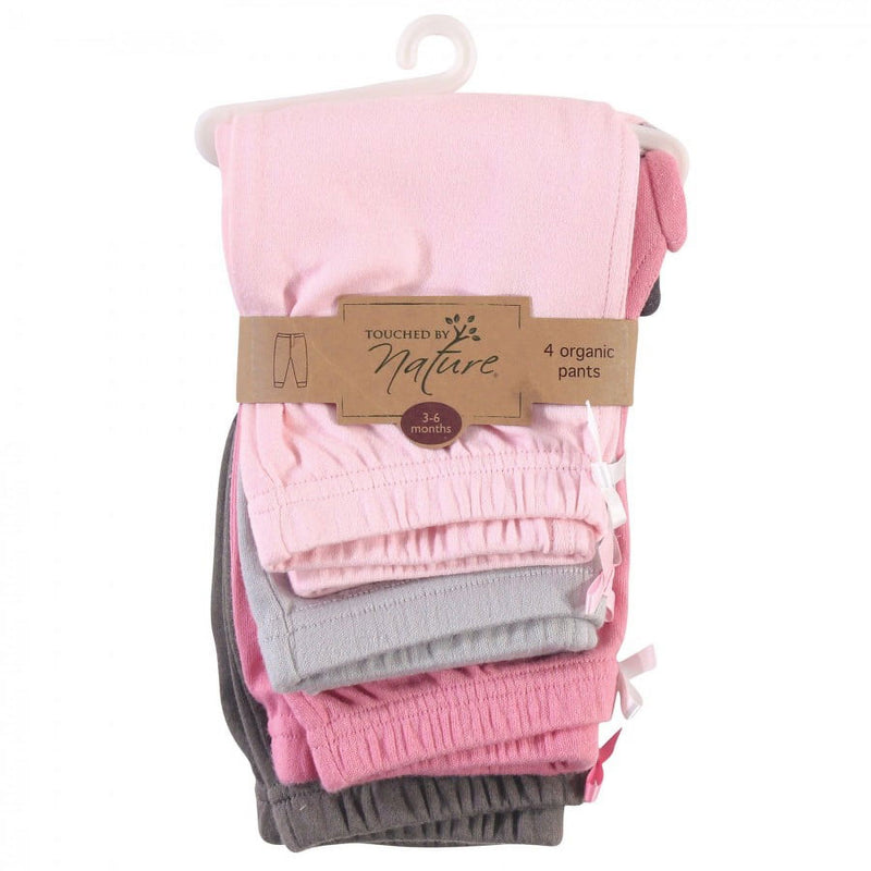 Touched by Nature Baby and Toddler Girl Organic Cotton Pants 4pk, Pink Gray Solid, 6-9 Months