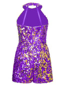 DPOIS Kids Girls Halter Neck Full Sequined Romper Sleeveless Shiny Jumpsuit Purple 8
