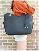 Michael Kors Black Saffiano Leather Jet Set Shoulder Tote with Gold-tone Hardware and Chain Straps