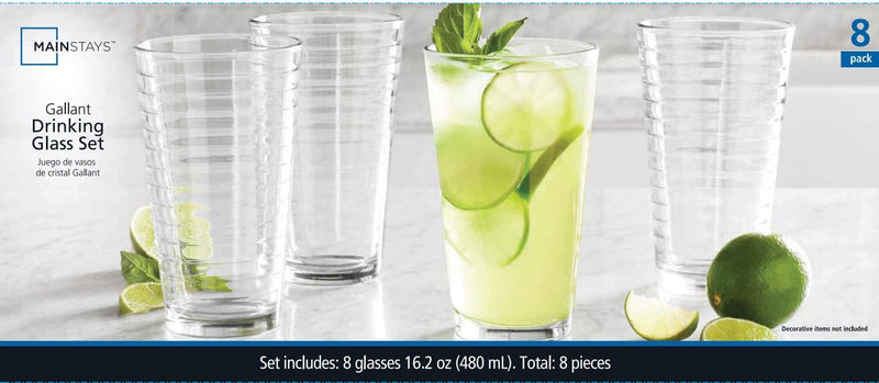 Mainstays Gallant Drinking Glasses, 16.2 oz, Set of 8