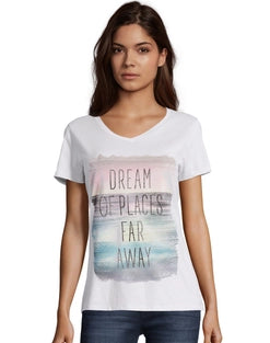 Hanes Women's Dream Of Places Far Away Short-Sleeve V-Neck Graphic Tee