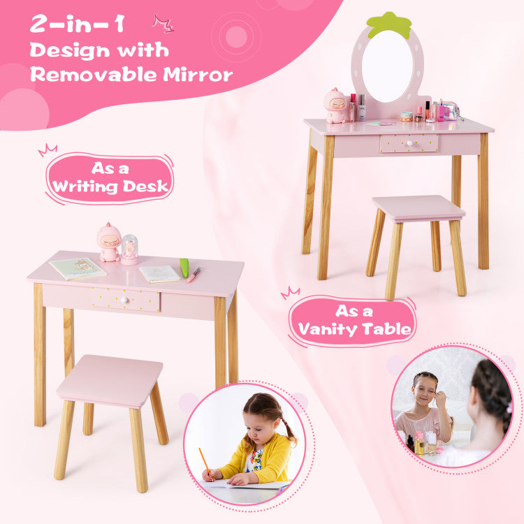 2-in-1 Children Vanity Table Stool Set with Mirror