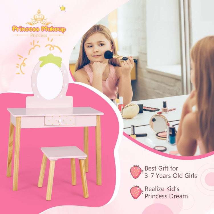 2-in-1 Children Vanity Table Stool Set with Mirror