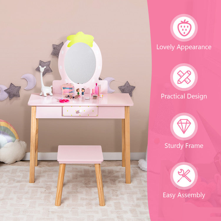 2-in-1 Children Vanity Table Stool Set with Mirror