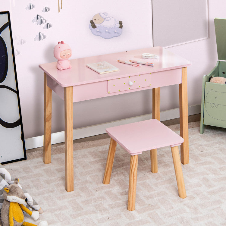 2-in-1 Children Vanity Table Stool Set with Mirror