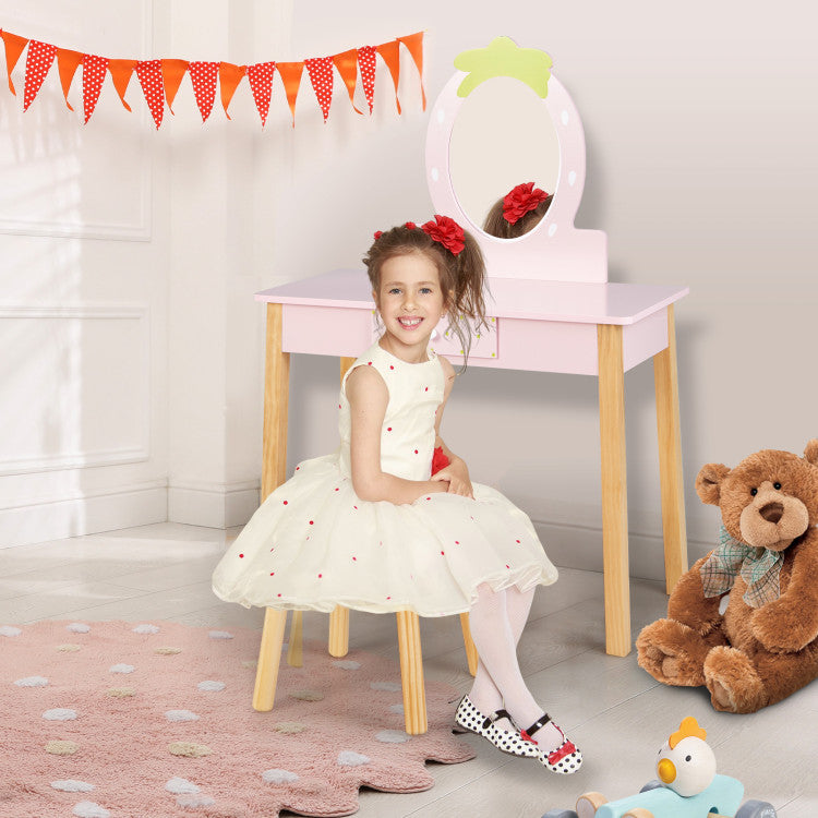 2-in-1 Children Vanity Table Stool Set with Mirror