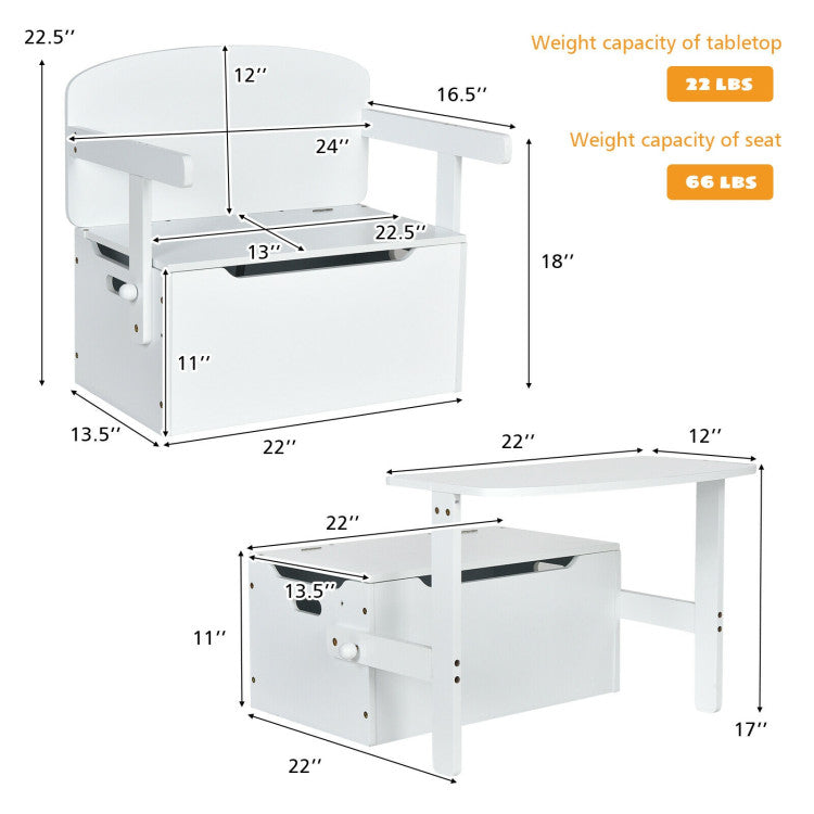 3-in-1 Kids Convertible Storage Bench Wood Activity Table and Chair Set