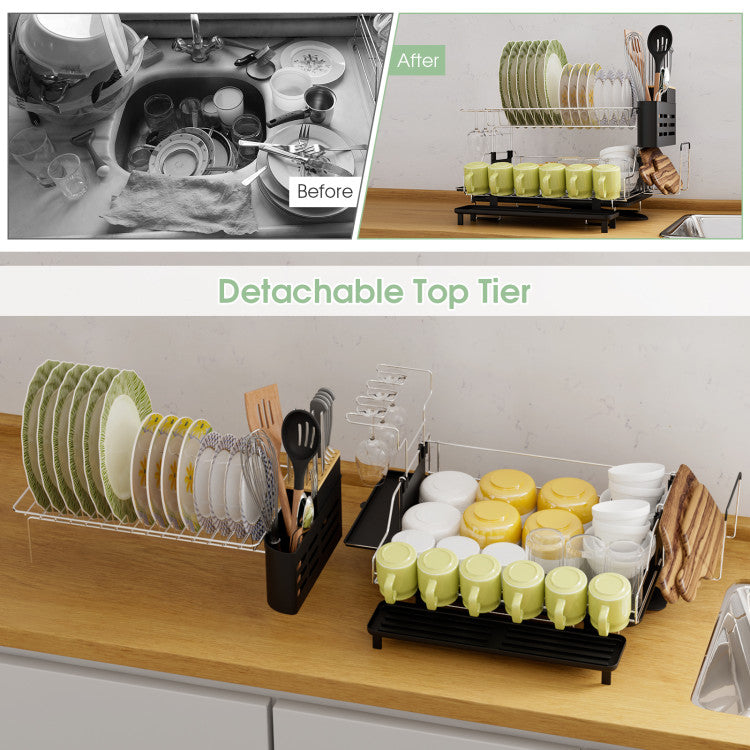 2-Tier Detachable Dish Drying Rack with Cutlery Holder