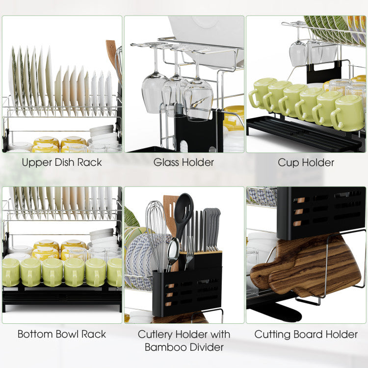 2-Tier Detachable Dish Drying Rack with Cutlery Holder