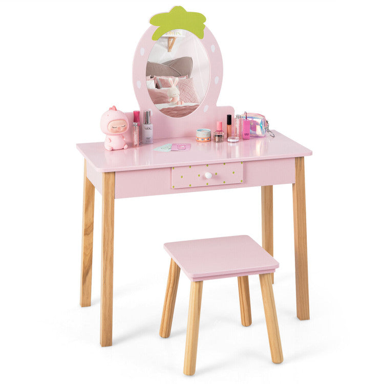 2-in-1 Children Vanity Table Stool Set with Mirror