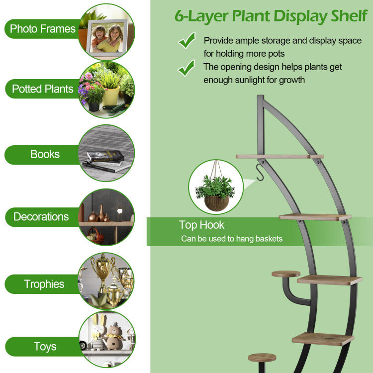 6-Tier 9 Potted Metal Plant Stand Holder Display Shelf with Hook