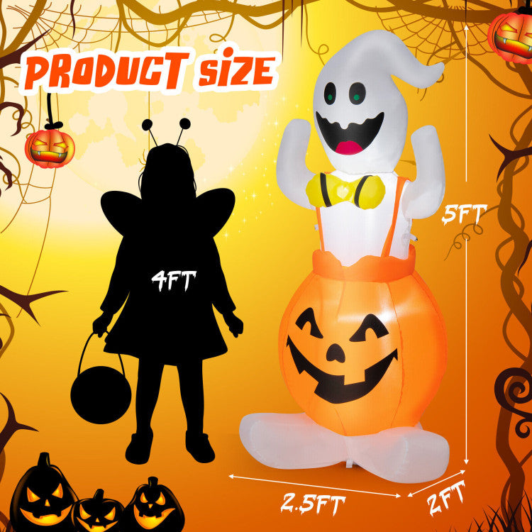 5 Feet Inflatable Halloween Pumpkin Ghost Blow-up Yard Decoration with LED Lights