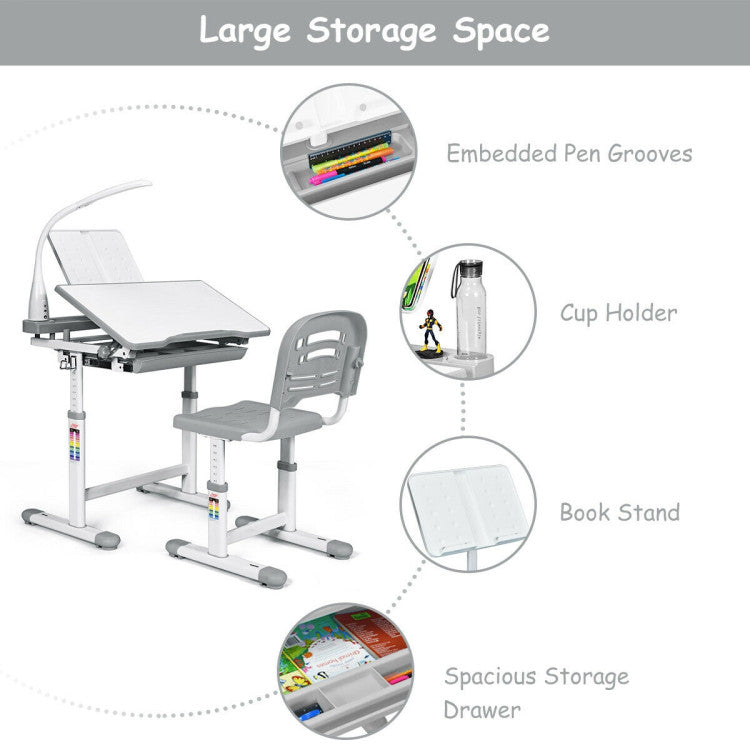 Adjustable Kid's Desk Chair Set with Lamp and Bookstand