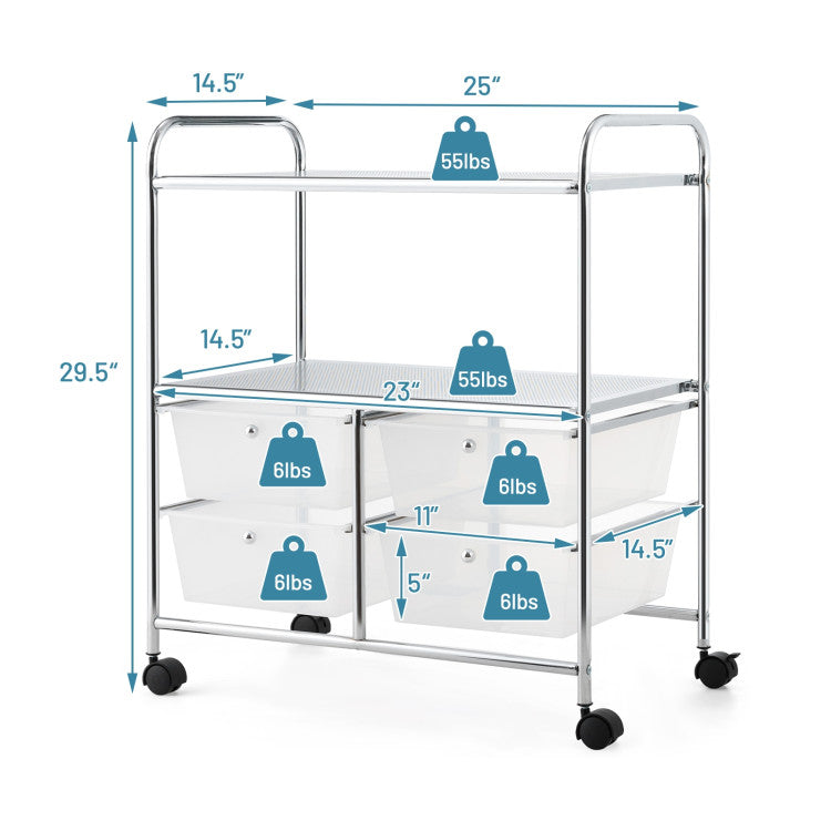 4 Drawers Shelves Rolling Storage Cart Rack (Clear)