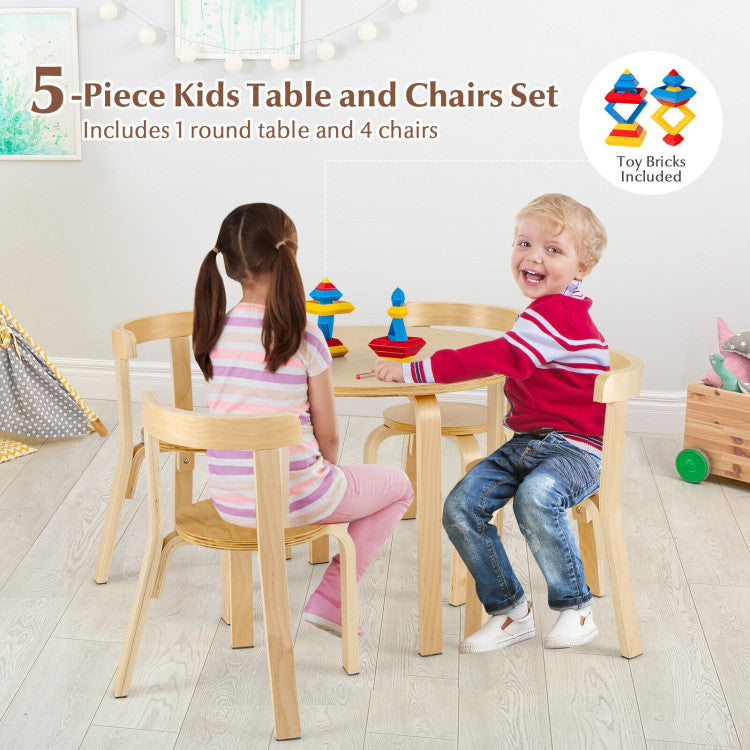 5-Piece Kids Wooden Curved Back Activity Table and Chair Set with Toy Bricks