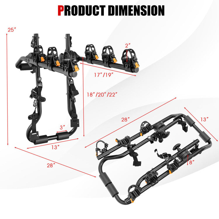 3-Bike Trunk Mounted Bike Rack for Sedan Hatchback Minivan SUV