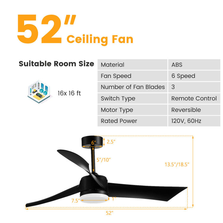 52 Inch Reversible Ceiling Fan with Light