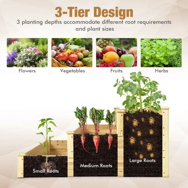 3-Tier Raised Garden Bed Wood Planter Kit for Flower Vegetable Herb