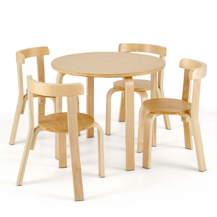 5-Piece Kids Wooden Curved Back Activity Table and Chair Set with Toy Bricks