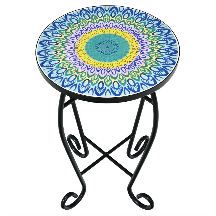 14 Inch Mosaic Round Side Table Plant Stand for Patio Lawn Garden