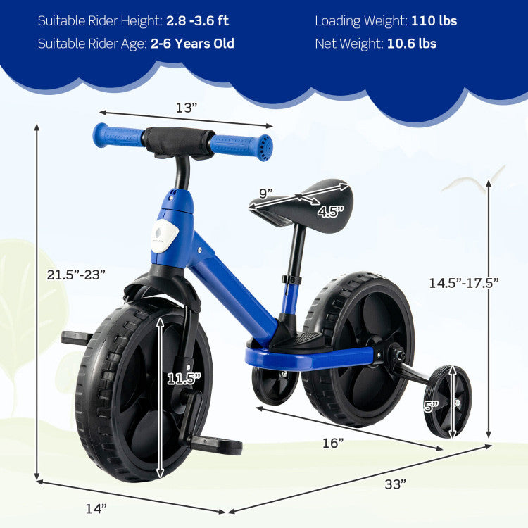 4-in-1 Kids Training Bike Toddler Tricycle with Training Wheels and Pedals - Blue