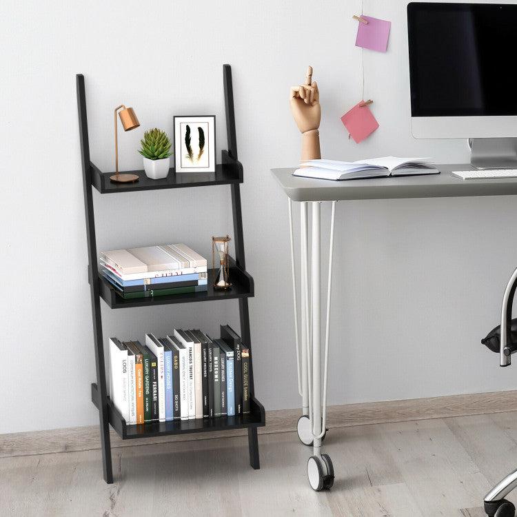 3 Tier Leaning Rack Wall Book Shelf Ladder (Black)