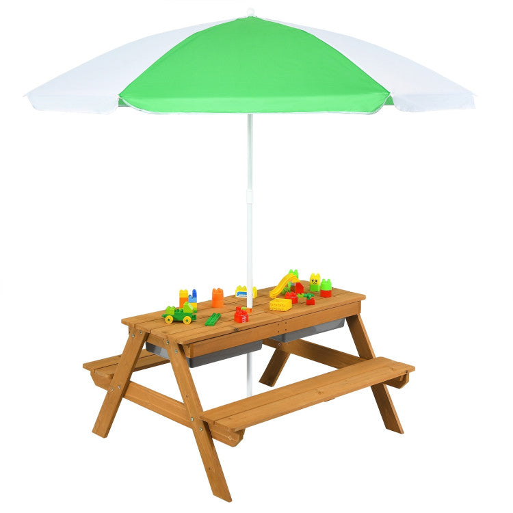 3-in-1 Kids Outdoor Picnic Water Sand Table with Umbrella Play Boxes