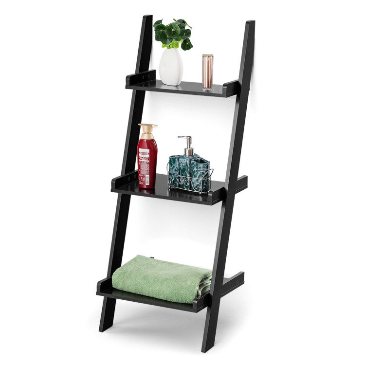 3 Tier Leaning Rack Wall Book Shelf Ladder (Black)