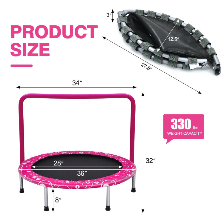 36 Inch Kids Trampoline Mini Rebounder with Full Covered Handrail (Pink)